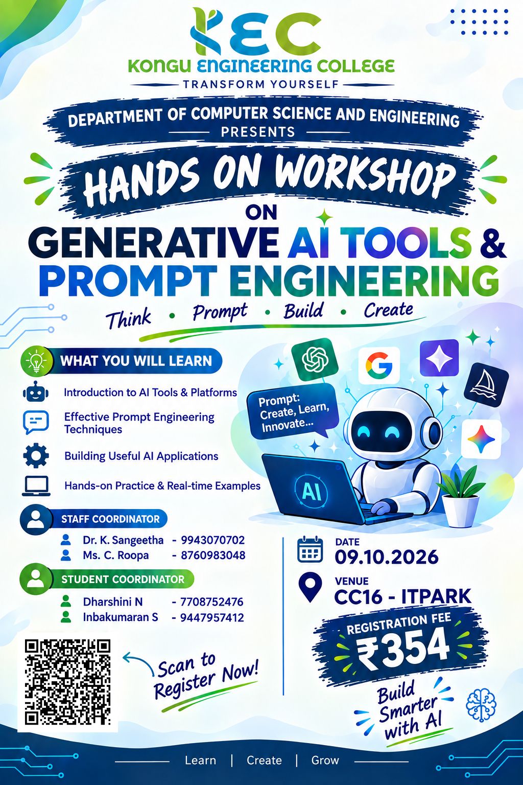 Hands-on Workshop on Generative ai tools & Prompt Engineering 2026, Kongu Engineering College, Workshop, Erode banner